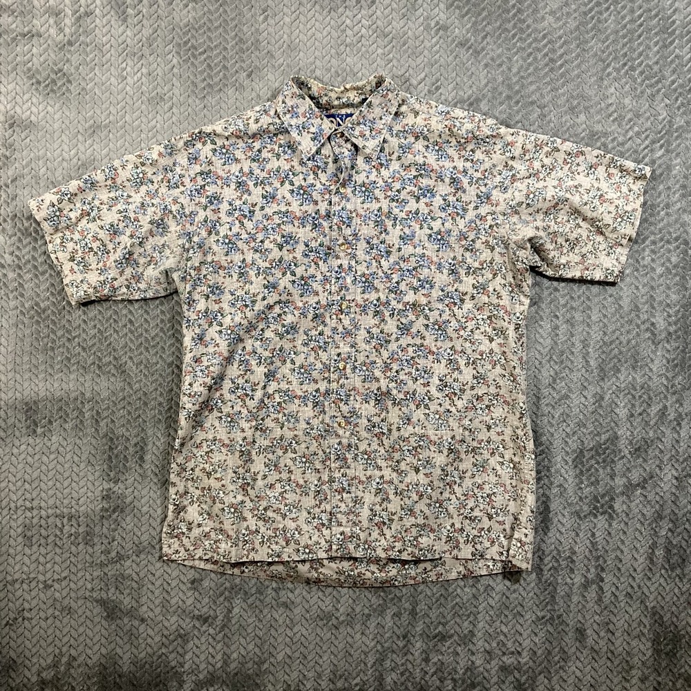 Vintage ONO Liberty House Hawaiian Aloha Shirt Men's L Gray Floral Print Classic
